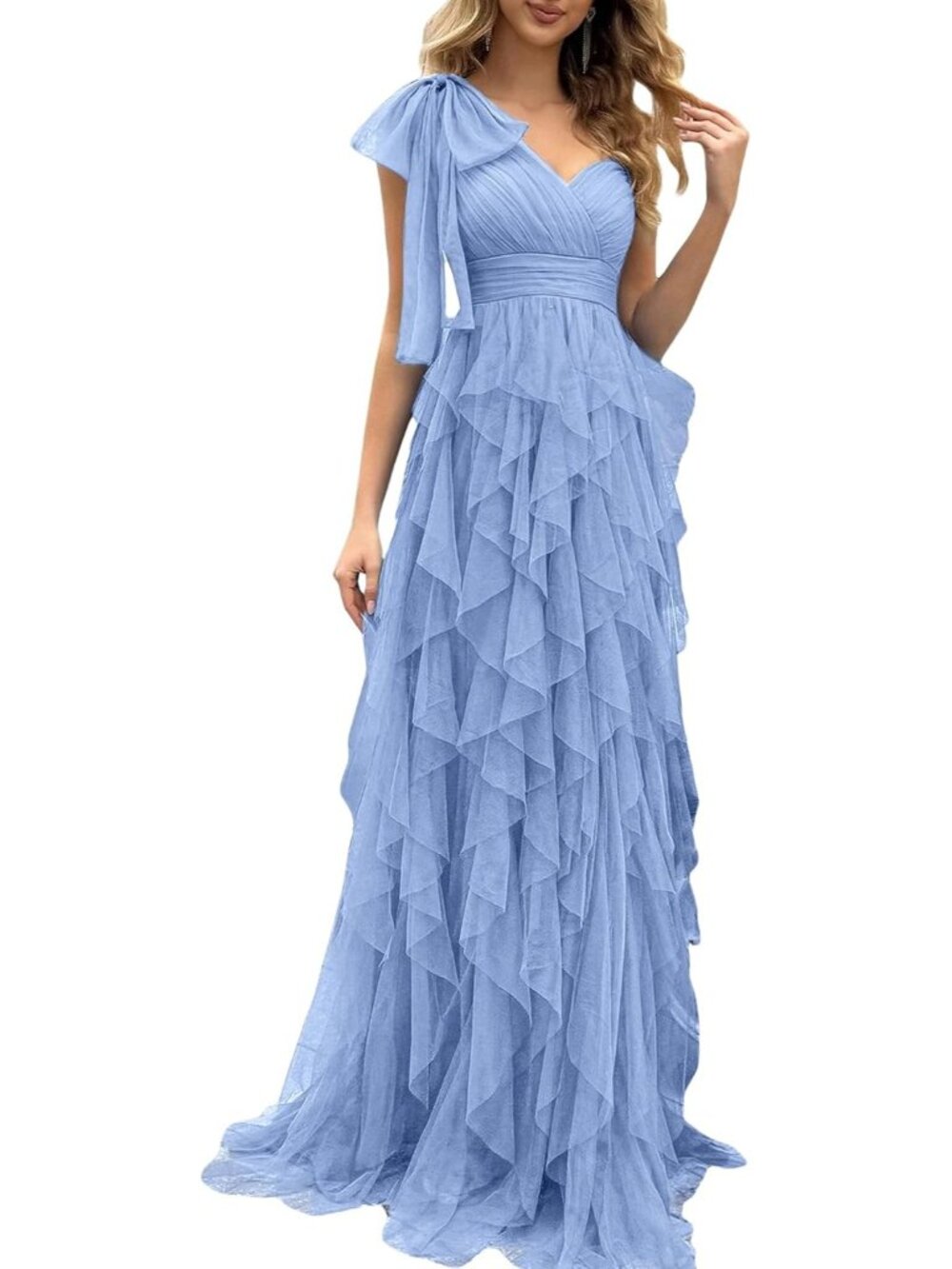 Women's Light Blue Elegant Bow One Shoulder Slit Gown Tulle Imported Maxi Dress